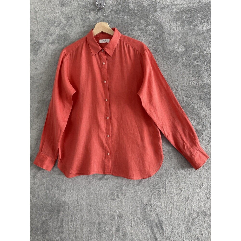 UNIQLO Womens Linen Shirt Large Orange 100% Linen Button Down Long Sleeve